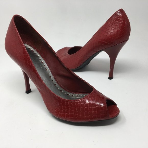 BCBGirls Heels 6 Womens Red Peep Toe Pumps High Heel Snake Print Leather Career - Picture 1 of 12